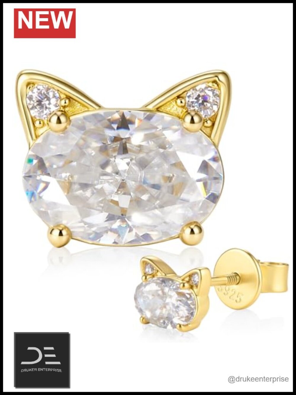 Cat Moissanite Stud Earrings 1.02 CTTW Screw Back Gold Plated 925 Sterling
